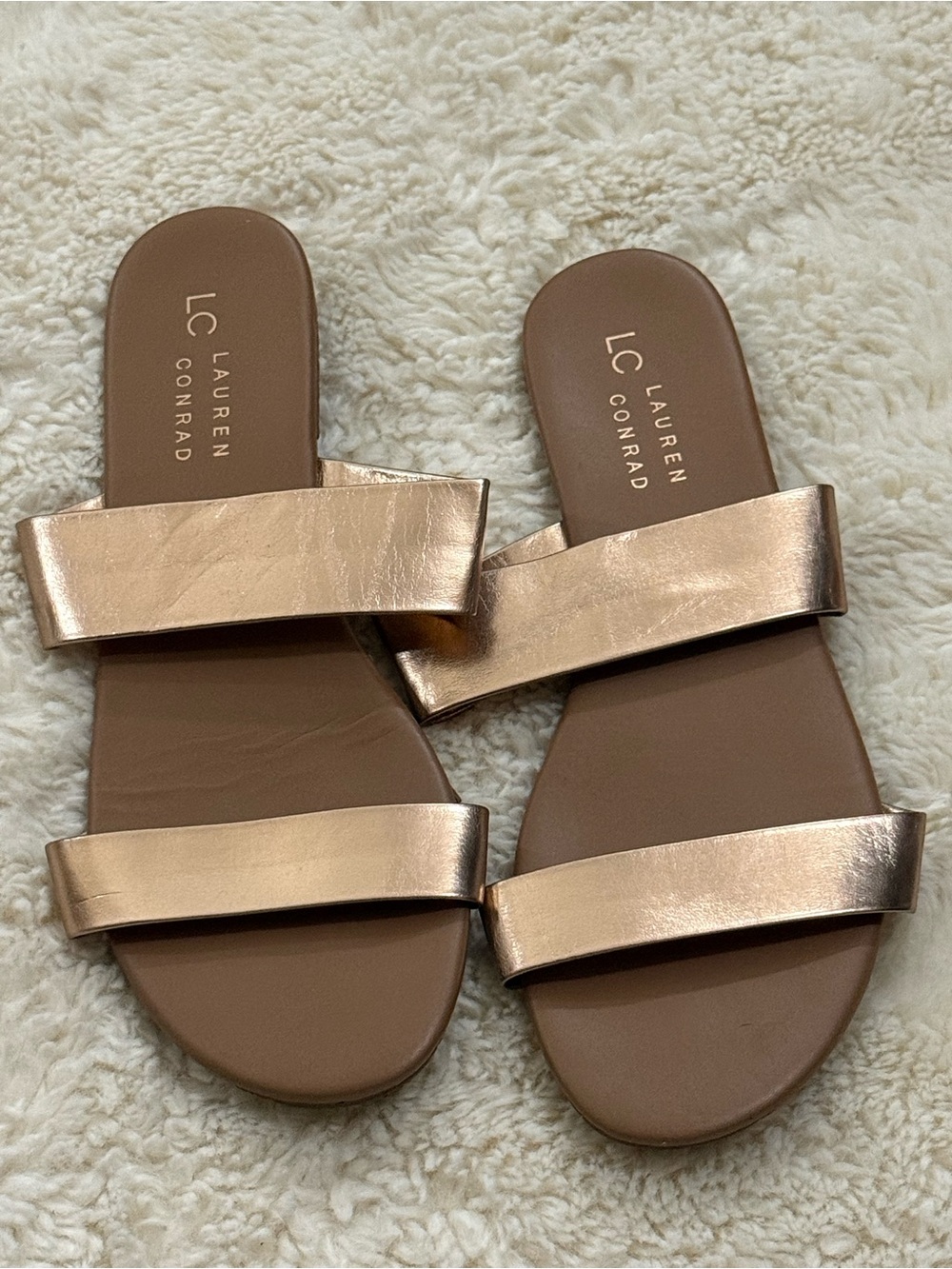 LC Lauren Conrad Rose Gold Double Strap Slide Sandals